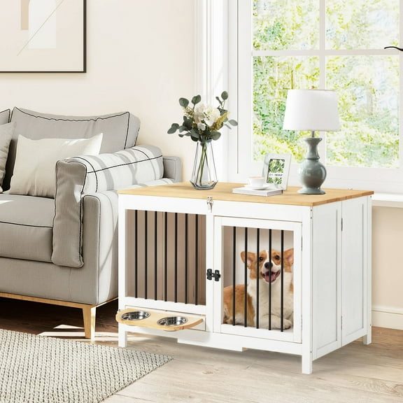 EROMMY 39.4" Wood Dog Crate, Foldable Kennel with 360° Bowls for Small-Medium Dogs, White