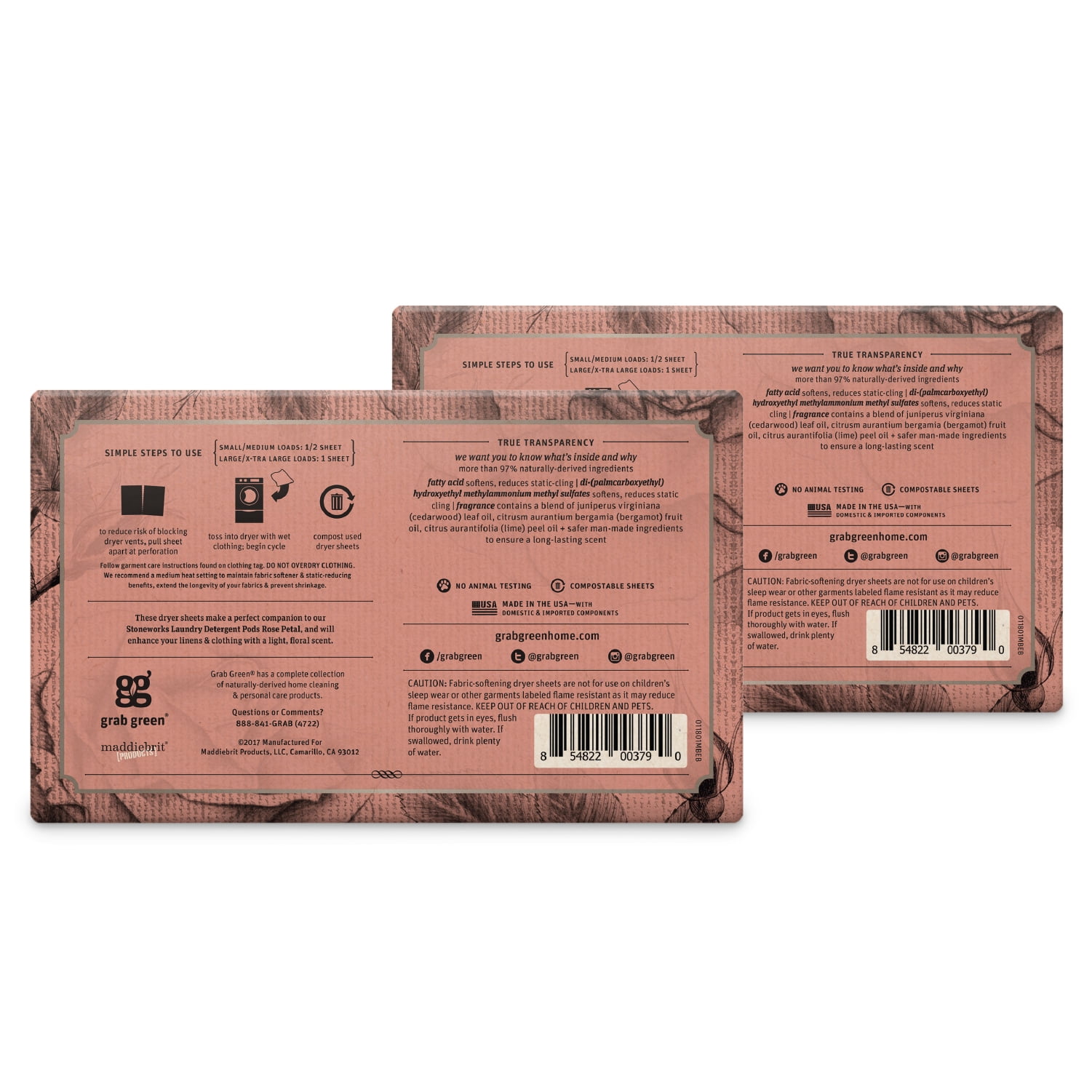 Grab Green Natural, Stoneworks Dryer Sheets, Rose Petal, 160 Sheets (2 pack)