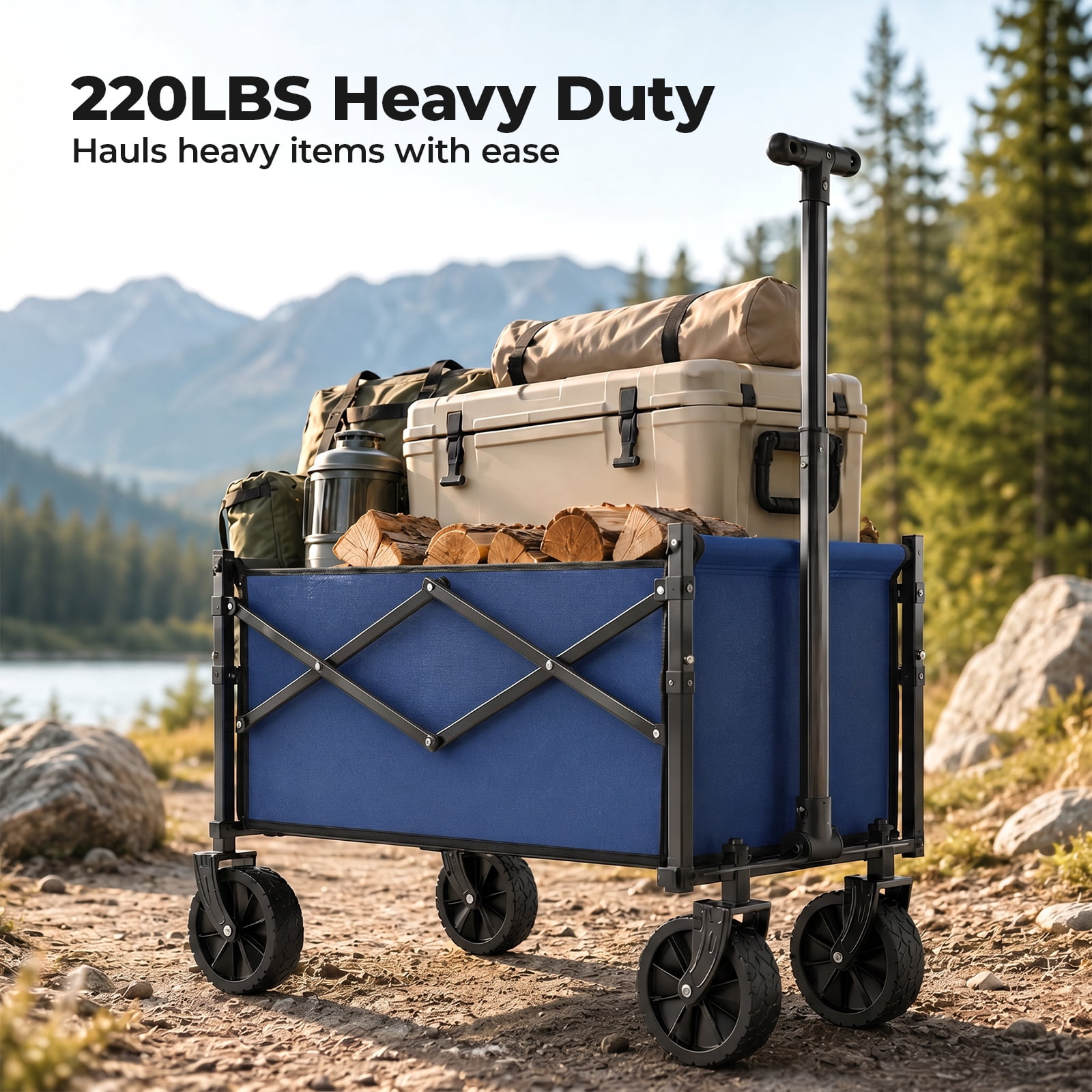 Alvantor Folding Wagon Cart, 220LBS Heavy Duty Collapsible Utility Cart with All-Terrain Wheels & Brake, Portable Outdoor Wagon for Camping Garden Beach Shopping Grocery