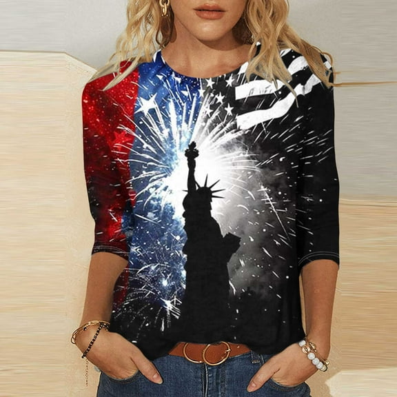 UVEASISHA Plus Size 4th of July Shirts for Women 3/4 Sleeve Patriotic USA Flag Graphic Tees Independence Day Gifts Crew Neck Tops Multicolor L