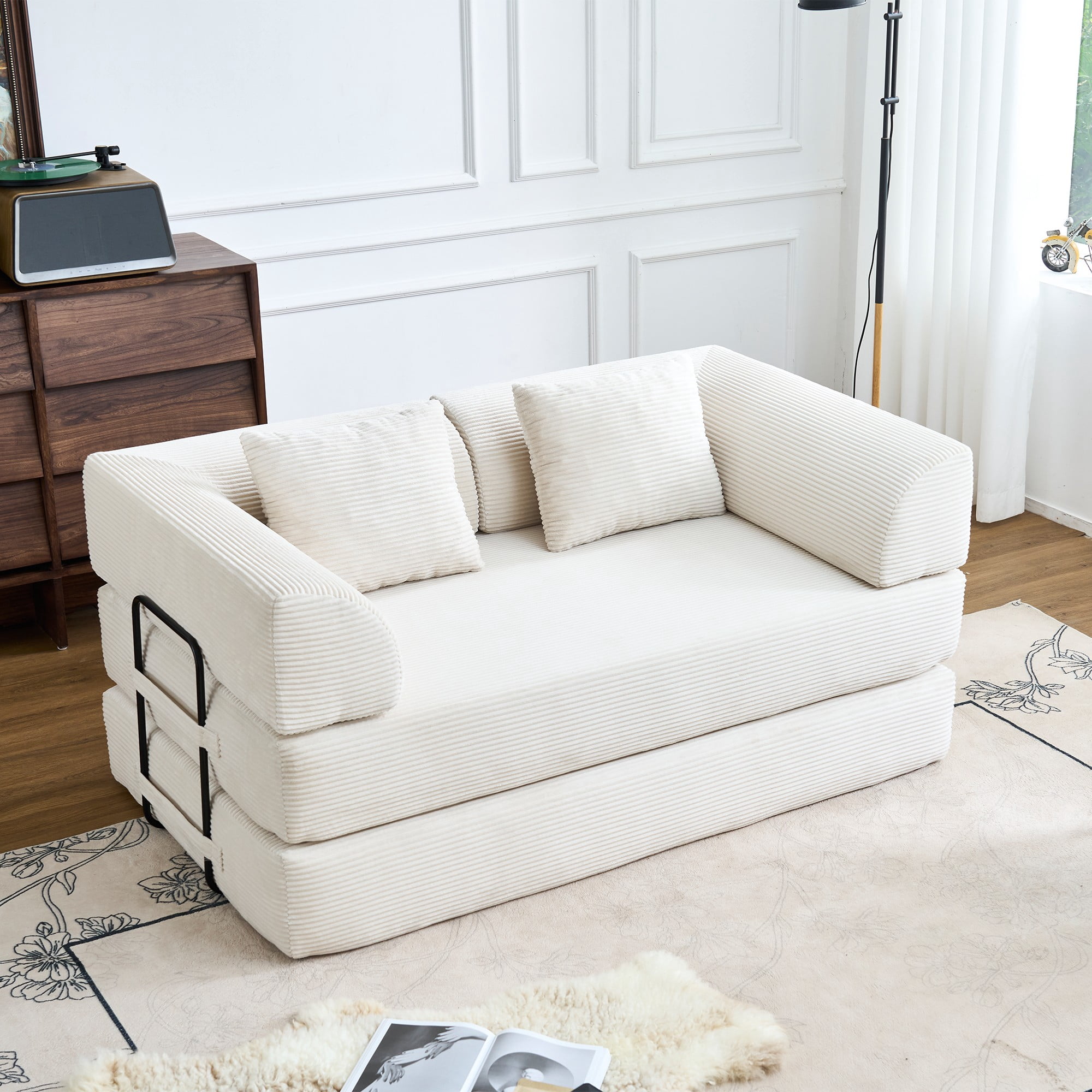 BSHTI 59" Corduroy Convertible Sleeper Sofa Bed with Cylindrical Pillow, No Assembly, Small Space for Living Room（Beige White）