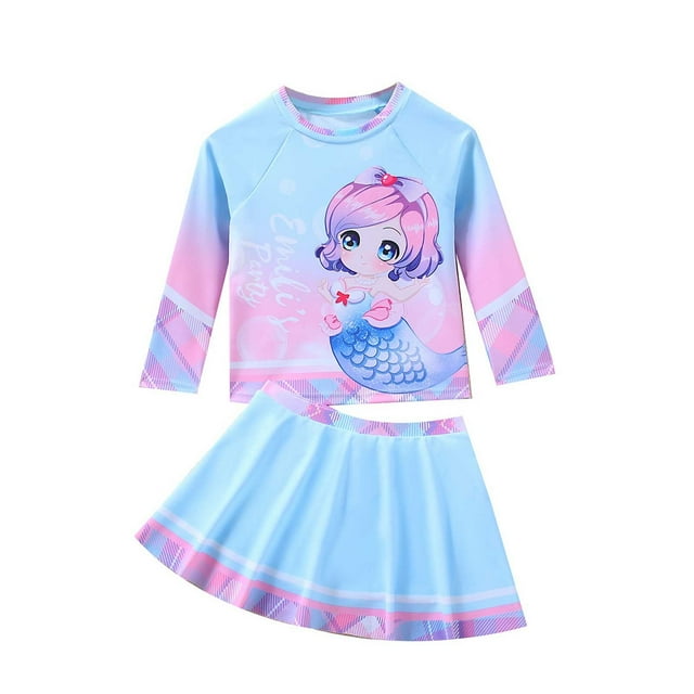 Sunnyoo Little Girls Swimsuit Cartoon Print Long Sleeve Rash Guard Shorts Bathing Suit, Sizes 3-7
