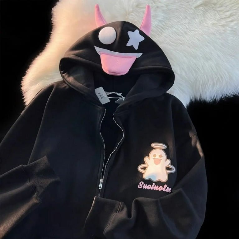 Devil Horn Hooded Top Women And Men Couple Loose Oversized Sweatshirt Anime Casual Zip up Hoodie Y2k Vintage Streetwear Walmart
