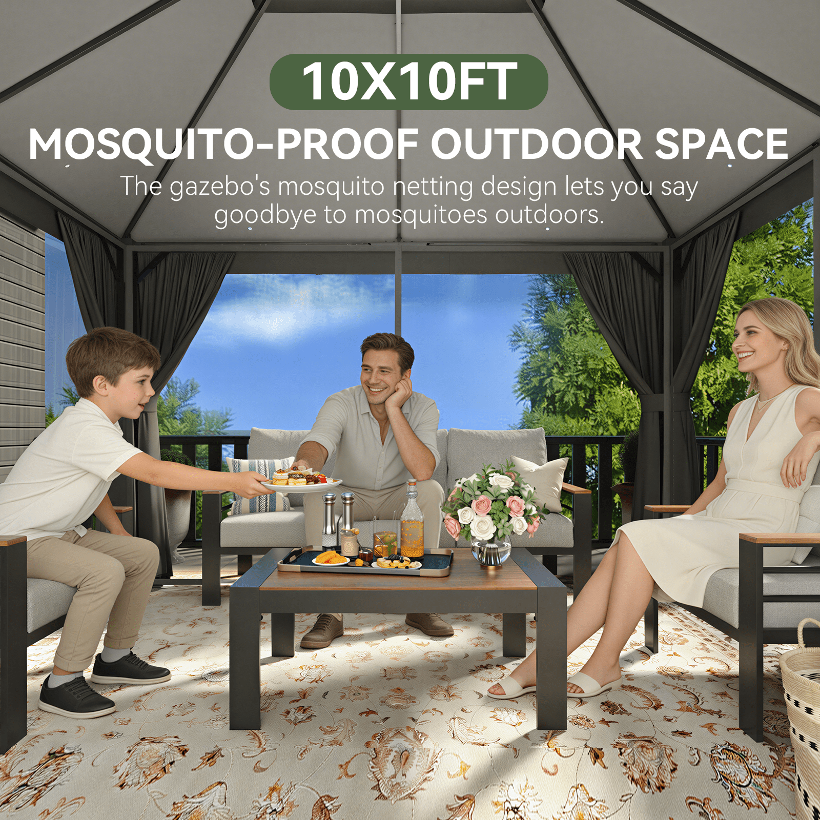 Aoxun 10x10 FT Outdoor Gazebo with Double Roof, Heavy-Duty Metal Frame Canopy featuring Mosquito Net & Privacy Screen for Patio, Garden, Deck and Backyard (Gray)