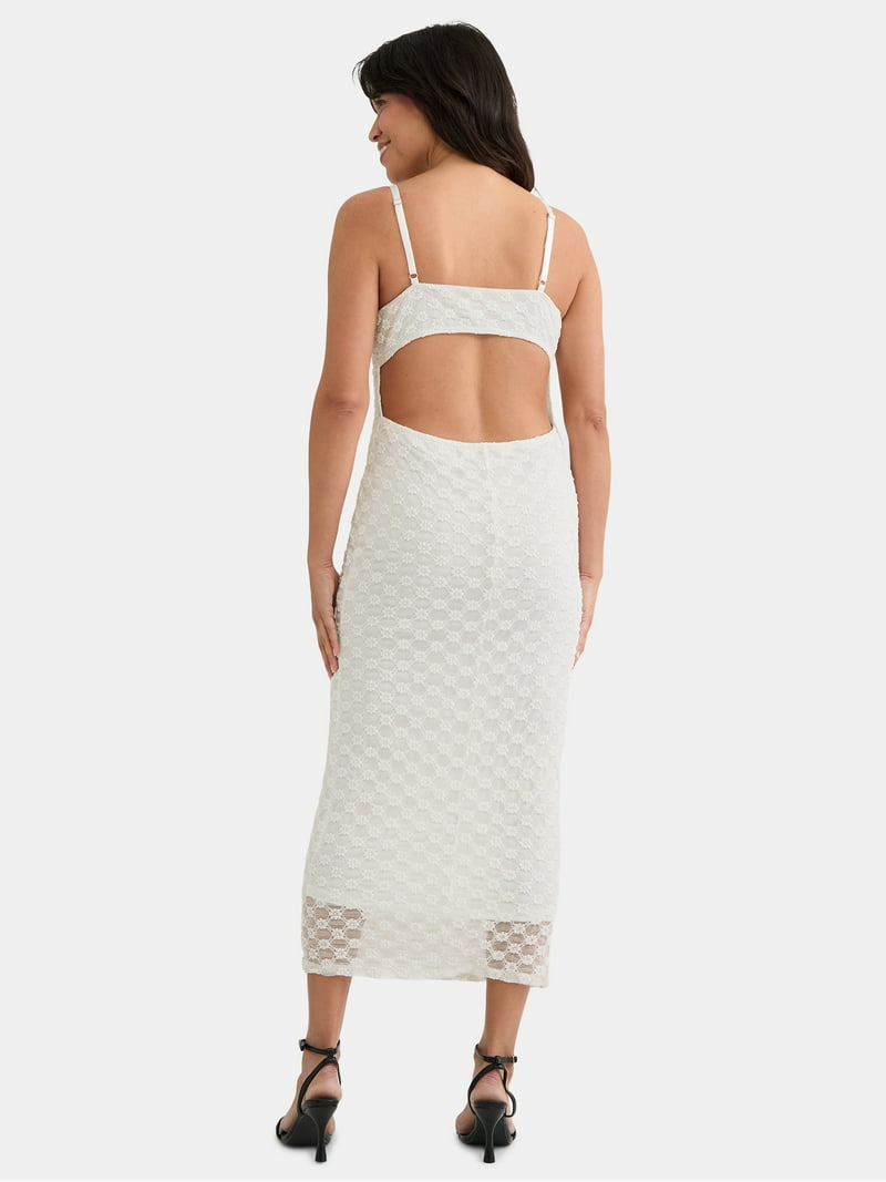 textured lace midi dress Blue Textured Scallop Lace Trim Midi Dress | Feminine Brunch & Event Dress