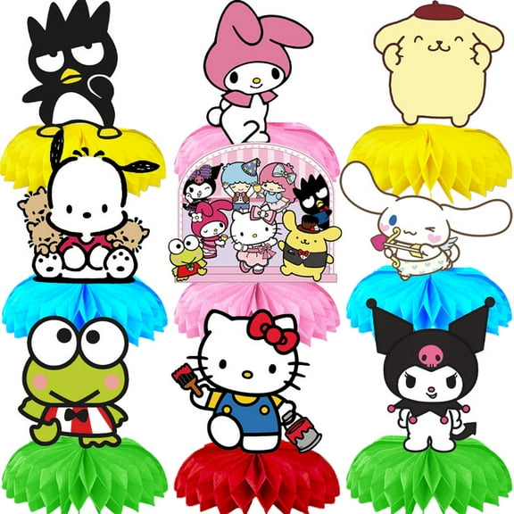 9Pcs Sanrio Cartoon Theme 3D Double Side Honeycomb Centerpieces Table Toppers,Cartoon Birthday Party Decorations Supplies for kids.