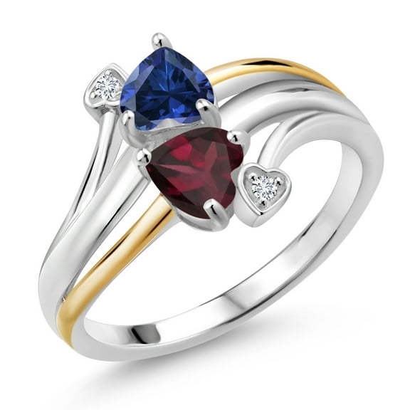Gem Stone King 1.07 Ct Blue Created Sapphire Red Rhodolite Garnet 925 Silver and 10K Yellow Gold 2 Heart Promise Couple Engagement Mother Lab Grown Diamond Ring (Size 6)