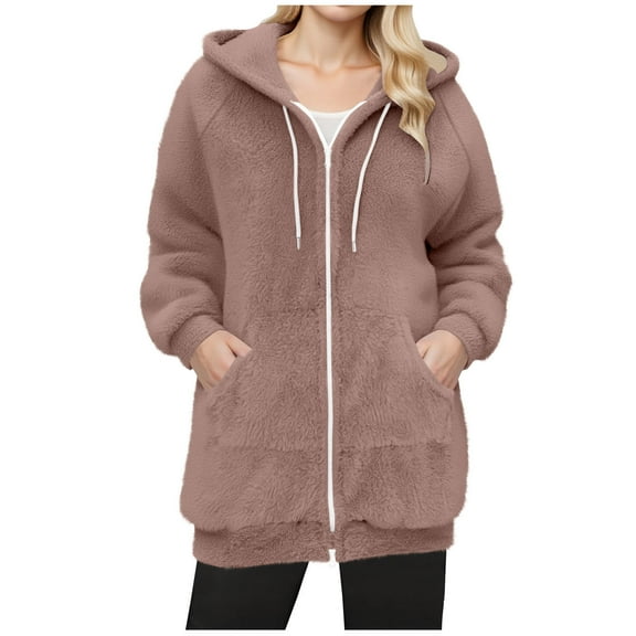 Women's Fleece Jackets Winter Full Zip Warm Soft Hoodies Casual Comfy Long Jacket Double-Sided Velvet Sweaters Tops Fuzzy Hooded Outerwear Loose Outdoor Coats with Pockets