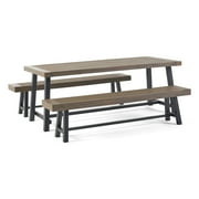 GDF Studio Chilian Outdoor Acacia Wood Rectangular 3 Piece Picnic Set, Gray and Rustic Metal