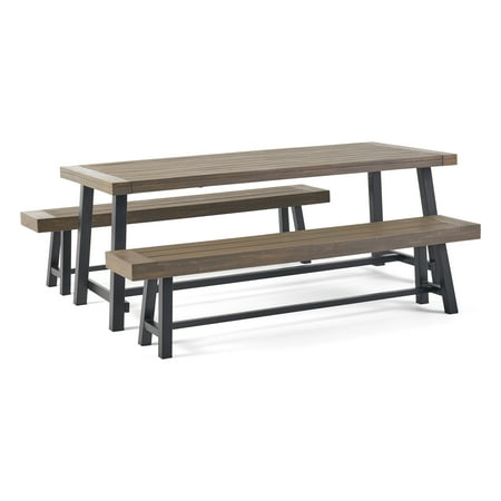 GDF Studio Chilian Outdoor Acacia Wood Rectangular 3 Piece Picnic Set, Gray and Rustic Metal