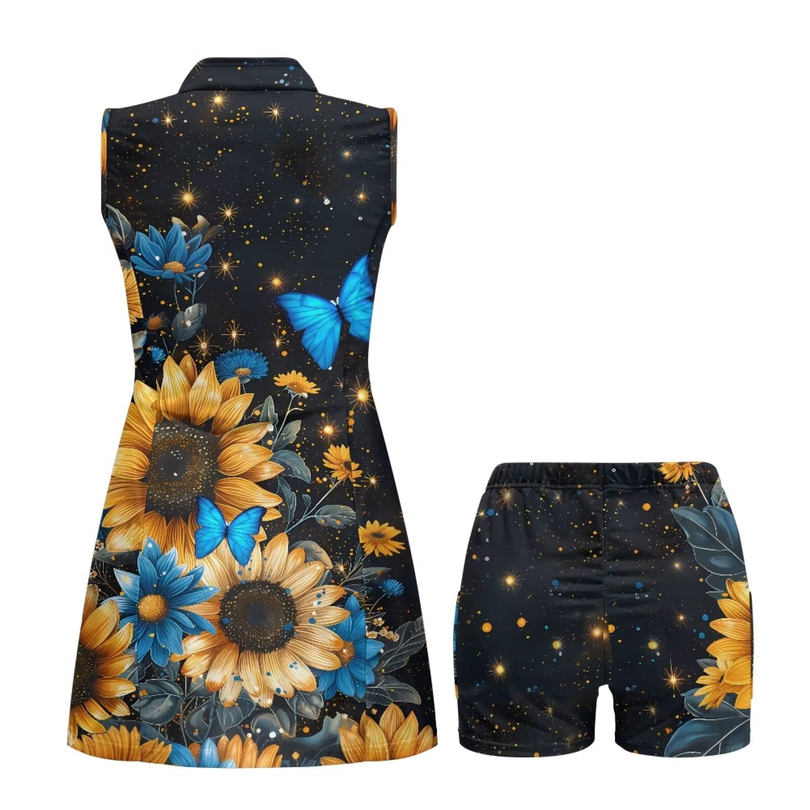 Yuyamidu Blue Butterfly Womens Golf Dress Sunflower Zip Up Womens Sleeveless Golf Tennis Dresses Built in Shorts Athletic Dress with Pockets for Workout Exercise Size 2XL
