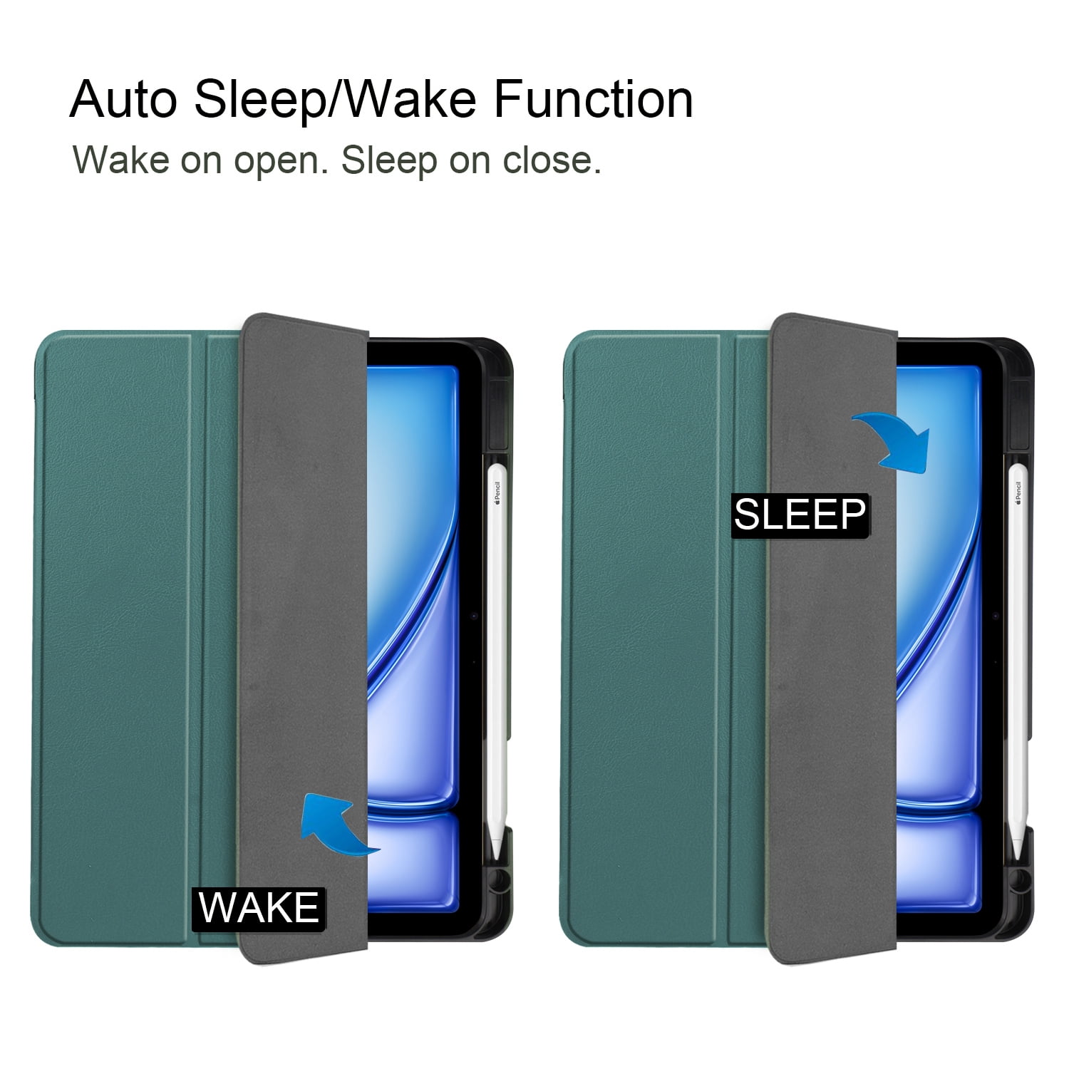 SaniMore for Apple iPad Air 11 (2024) Case, Auto Sleep/Wake, PU Leather Case with Tri-Fold Kickstand & Pencil Holder Shockproof Protective Cover for Women Men, Darkgreen