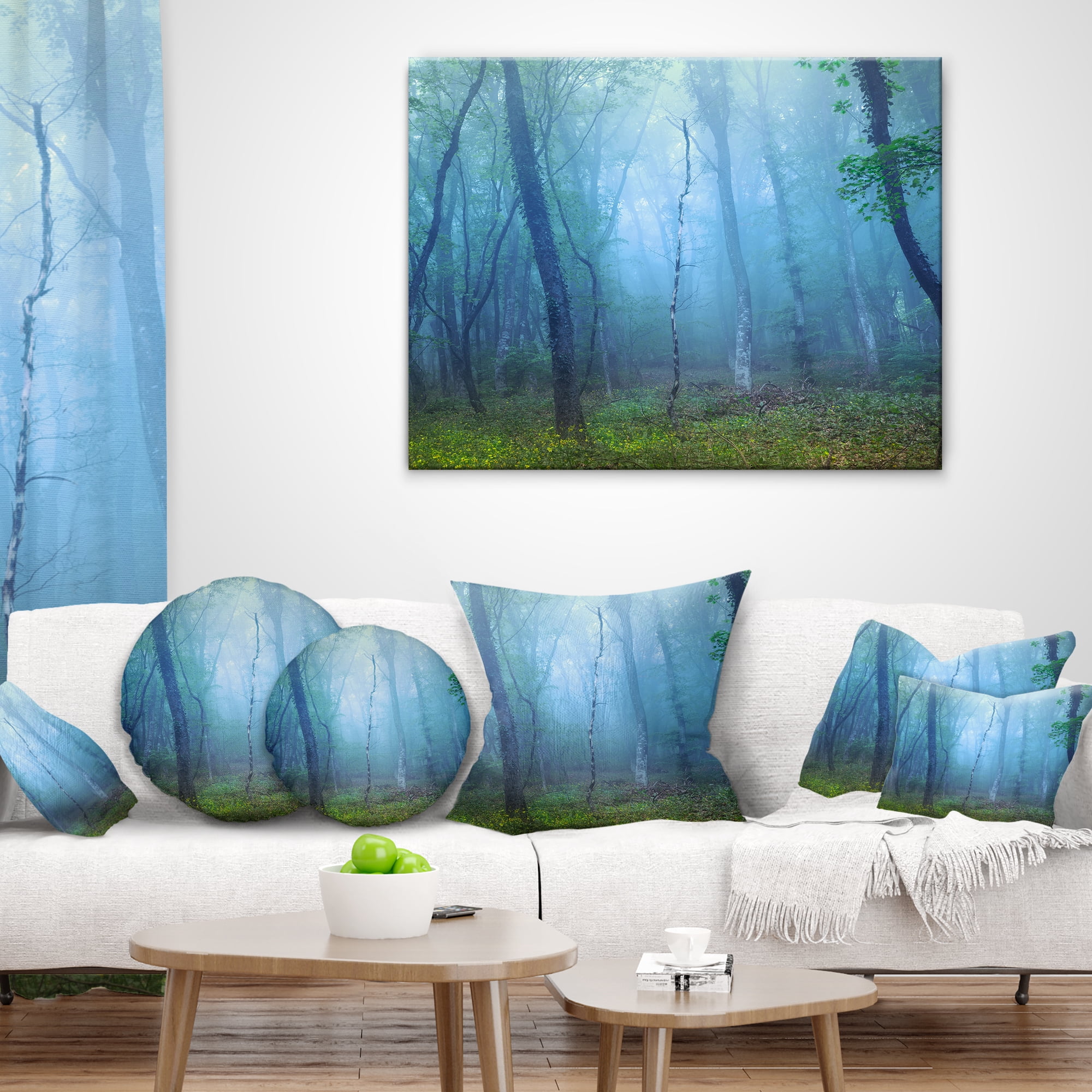 Designart Dark Foggy Forest Trees - Landscape Photography Throw Pillow - 12x20