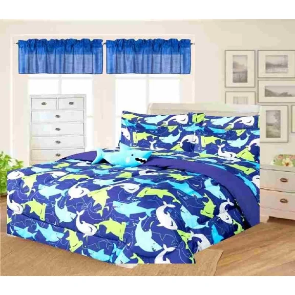 Bedding Set Reversible Full Size 8-Piece Shark Snuggle Adventure Bed in Bag Comforter with Plushie Toy Friend and Matching Sheet Set Bedroom Decor