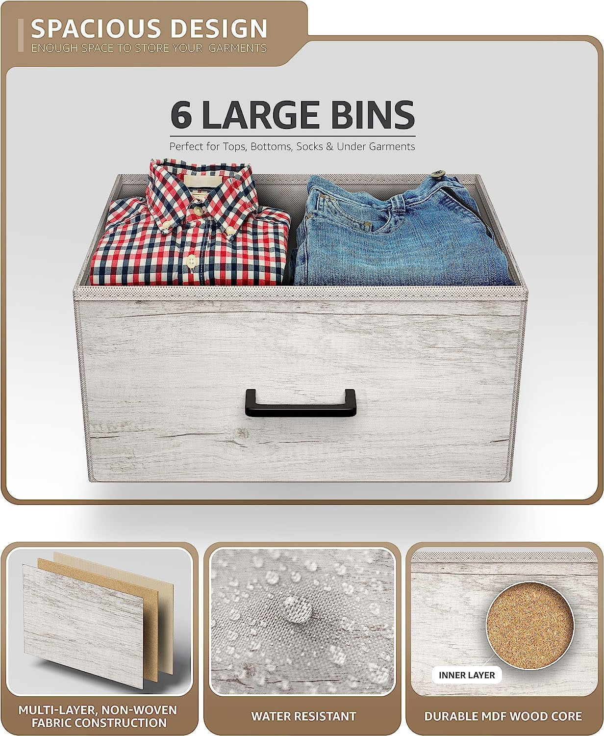 Sorbus 6-Drawer Dresser, Fabric Chest Organizer with Steel Frame & Wood Top, Rustic Beige