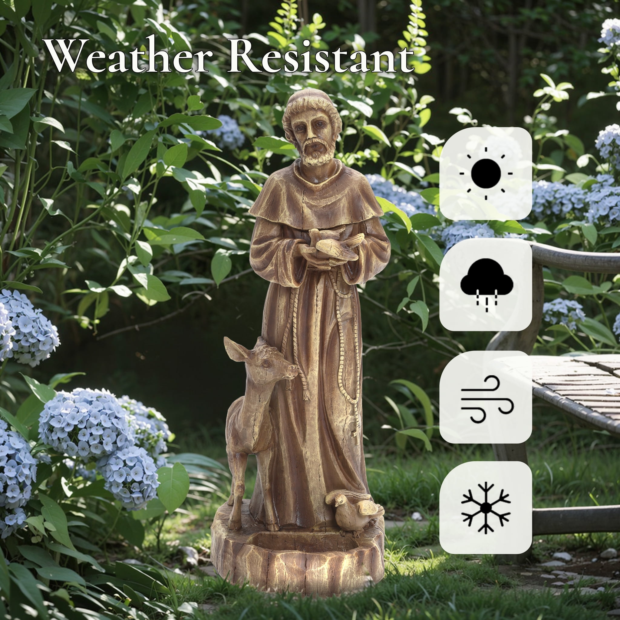 LuxenHome Saint Francis Garden Statue, 25'' Fiber Stone Brown Religious Garden Sculpture, Catholic St. Francis Statue for Patio, Yard, Home, Outdoor Sculptures Decorations