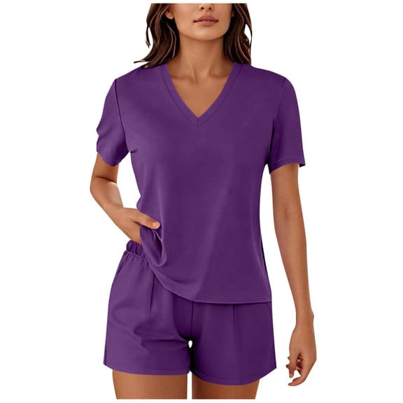 MYAOYI Sets for Women Casual Loungewear 2 Piece Outfits V Neck Short Sleeve T Shirt and Shorts Set with Pockets