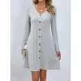 thumbnail image 3 of Minivestido de punto acanalado para mujer, traje liso de manga larga con botones, corte en A, ropa de calle para otoño, 2024, 3 of 4