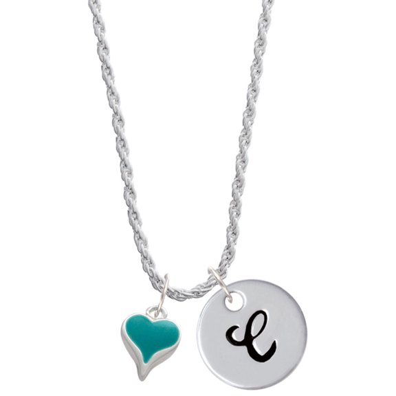 Delight Jewelry Silvertone Small Long Teal Heart Silvertone Script Initial Disc - C - Charm Necklace, 20"+3"