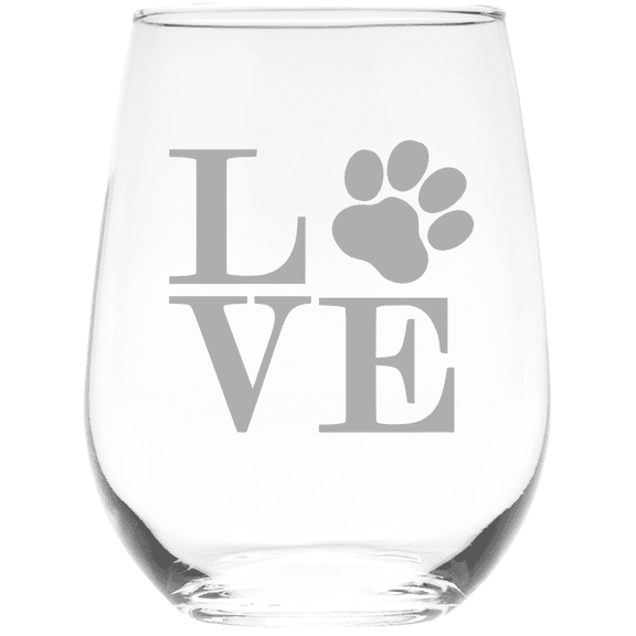 C&M Personal Gifts 17 oz Pawprint Love 17 oz. Stemless Wine Glass - Gift for Cat and Dog Lovers