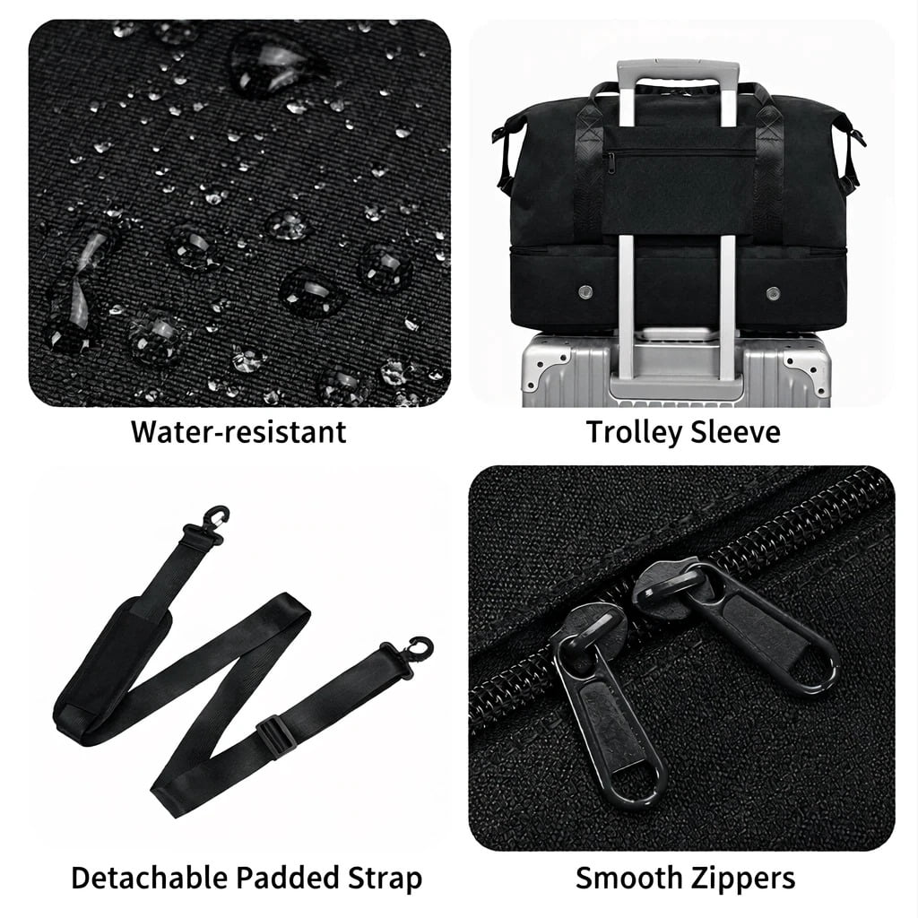 WANDF For Spirit Airlines Travel Bag With Shoe Compartment,18x14x8 Underseat Carry On Bag Weekender Bag with Toiletry Bag,Personal Item Bag With USB Charging Port,Gym Bag With Wet Pocket(Black Bag)