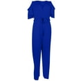 thumbnail image 3 of HOMBOM Blue Women Jumpsuit With Pockets Short Sleeve V-neck Off Shoulder Solid Color Straight-leg Jumpsuit M, 3 of 5