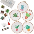thumbnail image 1 of Paquete de 5 kits de bordado para principiantes, kits de inicio de bordado para niños adultos con 5 lindos patrones estampados de cactus, hilo de bordar + 1 aro de bambú + N, 1 of 5