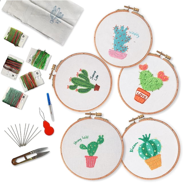 Paquete de 5 kits de bordado para principiantes, kits de inicio de bordado para niños adultos con 5 lindos patrones estampados de cactus, hilo de bordar + 1 aro de bambú + N