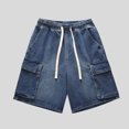 thumbnail image 2 of Jean Shorts for Men Drawstring Elastic Waist Loose Fit Casual Cargo Jeans Shorts Summer Solid Color Men Denim Shorts, 2 of 9