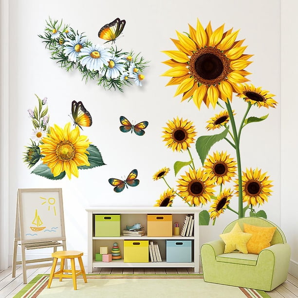 Pegatinas de pared de girasoles Mariposa 3D Flores amarillas Decoración de pared Vinilo Pegatinas extraíbles a prueba de agua para sala de estar Calcomanías de pared de cocina para la famili