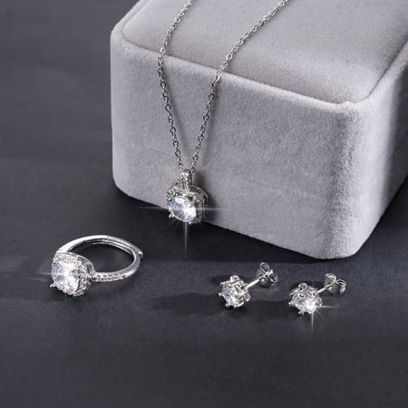 【Commemorative Keepsake Gift】4 Pack Set Silver-Plated Jewelry with Zirconia for Women Necklace, Ring, and Earrings Elegant Design, Hypoallergenic Gift for Anniversaries, Birthdays