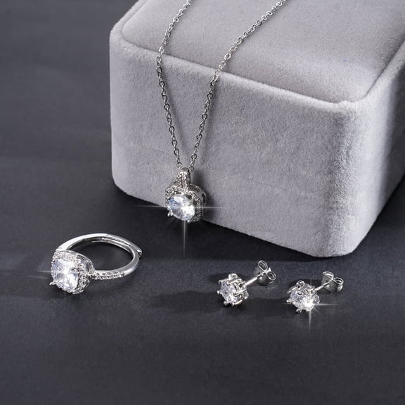 【Commemorative Keepsake Gift】4 Pack Set Silver-Plated Jewelry with Zirconia for Women Necklace, Ring, and Earrings Elegant Design, Hypoallergenic Gift for Anniversaries, Birthdays