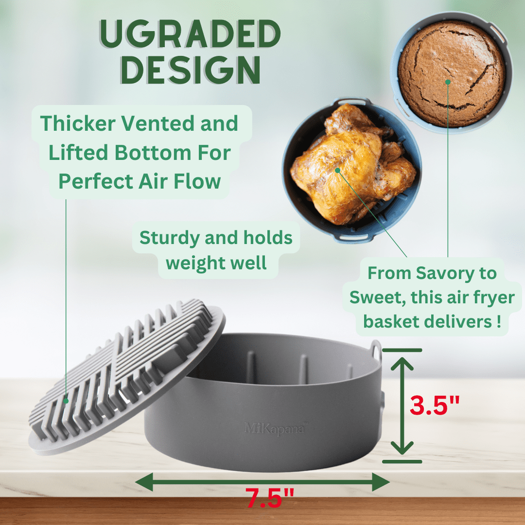 MiKapana Air Fryer Silicone Liners – 7.5" Round Large Silicone Trays for Air Fryer, Reusable Basket, Grey , 3-5 Qt