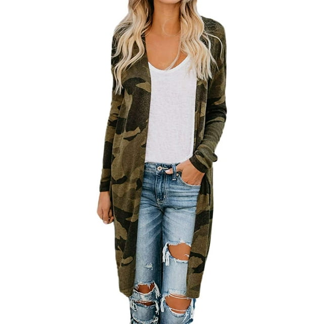 Cardigans Décontractés Amples à devant Ouvert pour Femmes, Imprimés Camouflage, Manches Longues, Blouses Longues