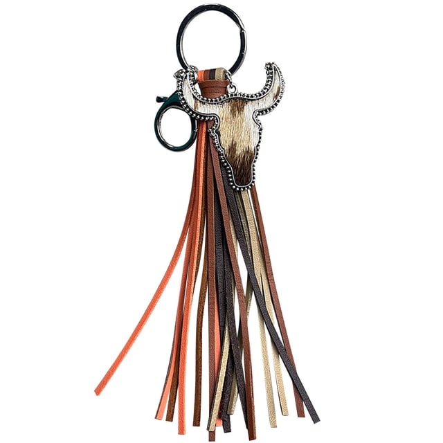 Western Cow Head Leather Keychain with Tassel Animal Print Design for Keyring Accessory