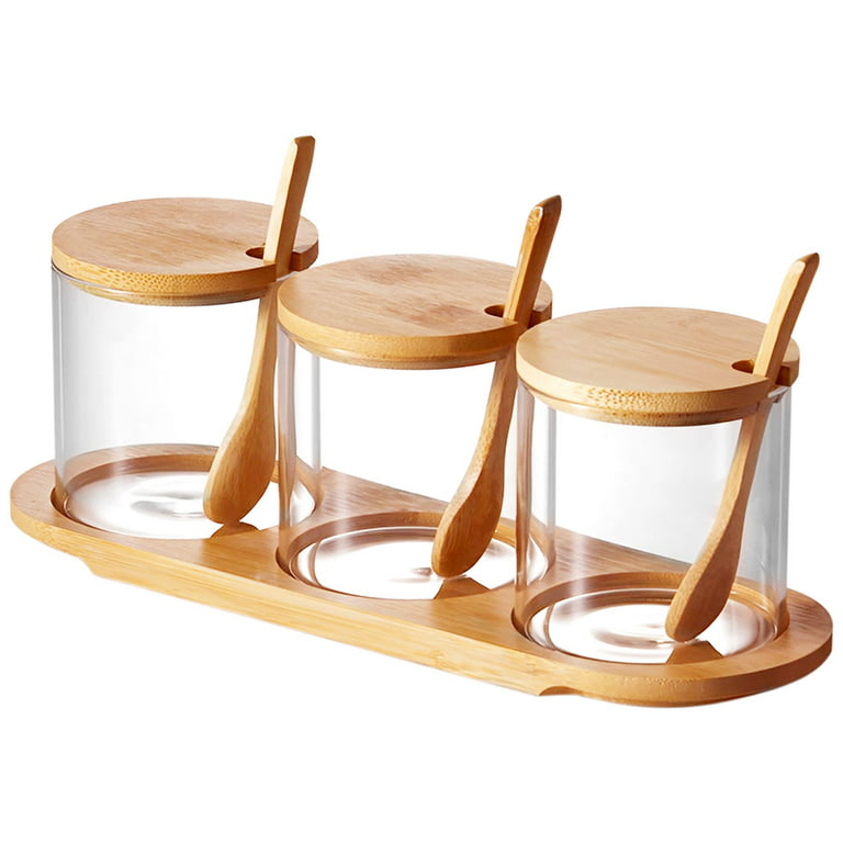 Jtween Set of 3 Condiment Jar with Bamboo Lid,Glass Sugar Bowls Sugar Salt Container Set with Lids and Spoons for Home Kitchen Salt Sugar Pepper Spice