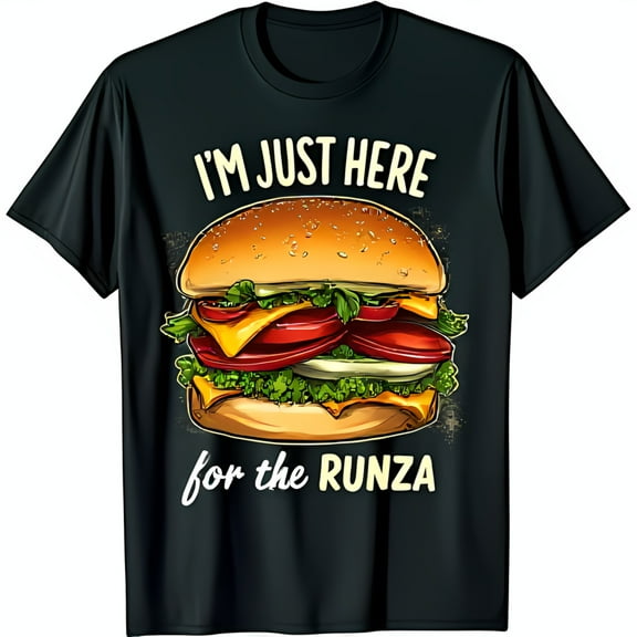 Funny Black T-Shirt with Colorful Cheeseburger Graphic 'I'm Just Here for the Runza'
