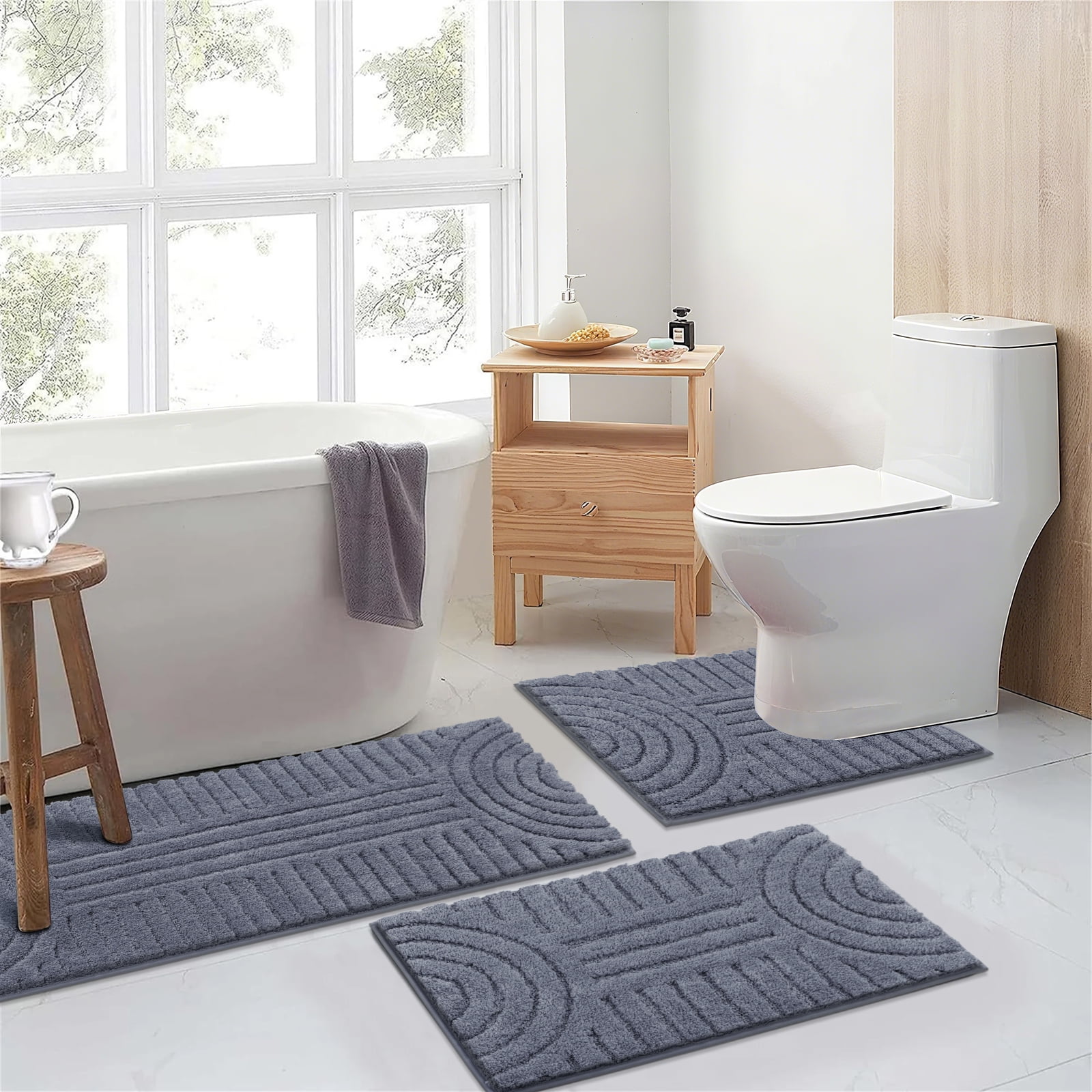 Bathroom Rugs Sets 3 Piece, Soft Absorbent Microfiber Bath Mats and U-Shaped Contour Toilet Rug, Plush Shaggy Bath Mat Set for Bathroom