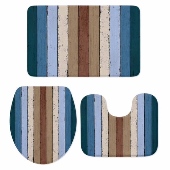 Blue Brown Bath Mat 3 Piece Bathroom Rug Set, Farmhouse Wood Grain Vintage Vertical Striped Non Slip Bath Rug Contour Mat and Toilet Lid Cover, Absorbent Shower Mats Soft Bath Rugs and Mats Sets