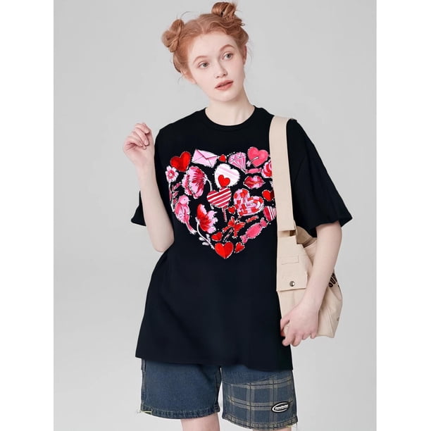 Valentine's Day Heart Print T-Shirt - 100% Cotton, Breathable & Soft, Casual Fit for Men & Women, PCamisetas para mujer, lindas camisetas con estampado gráfico, de manga corta, estilo casual, para ve
