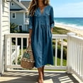 thumbnail image 6 of Jovrlynd Fall Midi Dresses for Women V Neck 3/4 Sleeve Cotton Linen Casual Boho Dress with Pockets 2026, S-2XL, 6 of 7