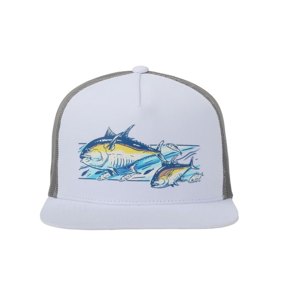 White/Grey Mahi Mahi 5-Panel Fishing Cap – Structured, Flat Bill Snapback, One Size
