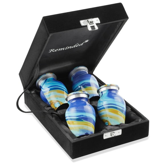 Reminded Small Keepsake Cremation Urns for Human Ashes, Set of 4 Blue Swirl Miniature Memorial Urns with Velvet Case and Bags