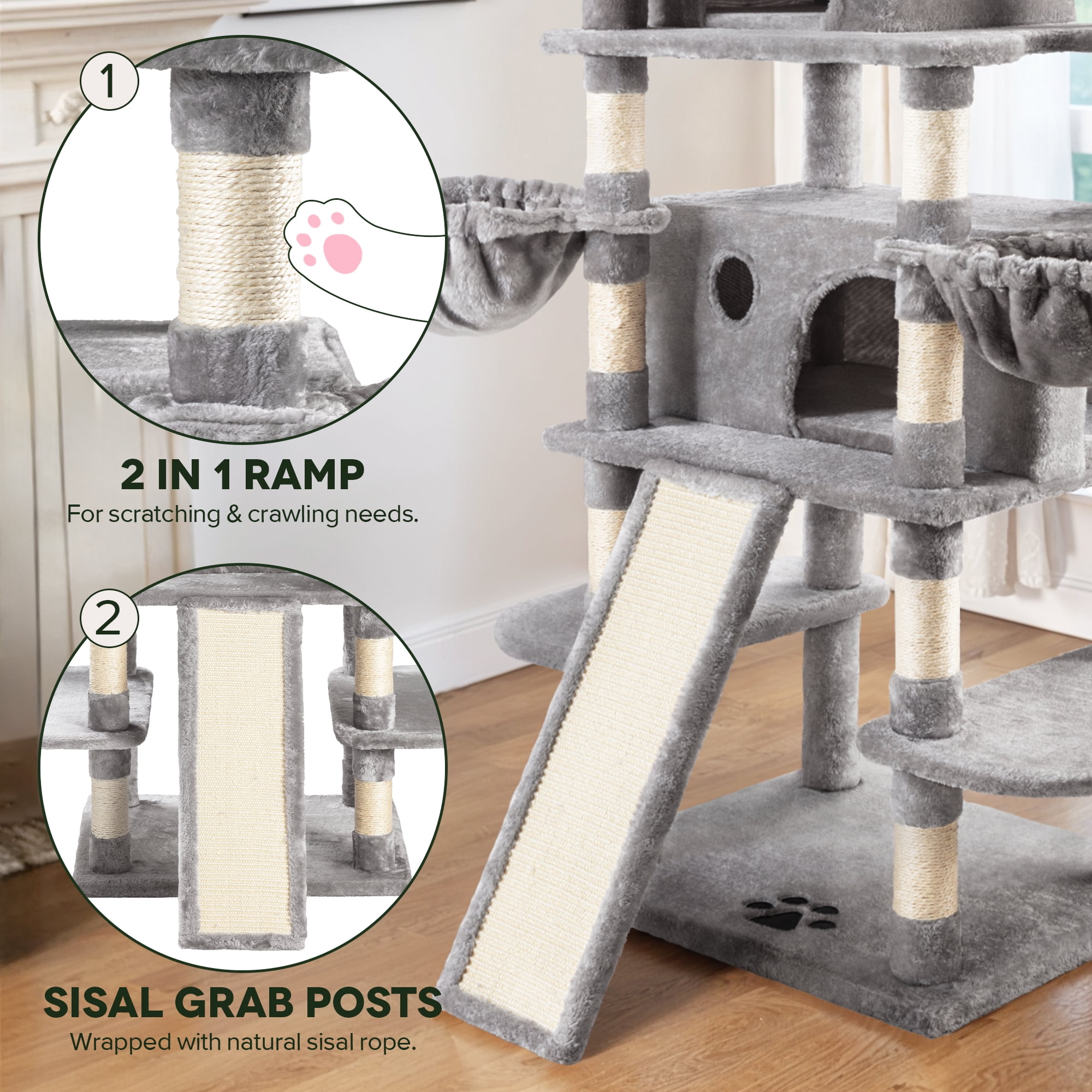 Einfach 68" X-Large Cat Tree and Tower with Condo Houses, Scratching Board & Posts for Indoor Cat, Gray