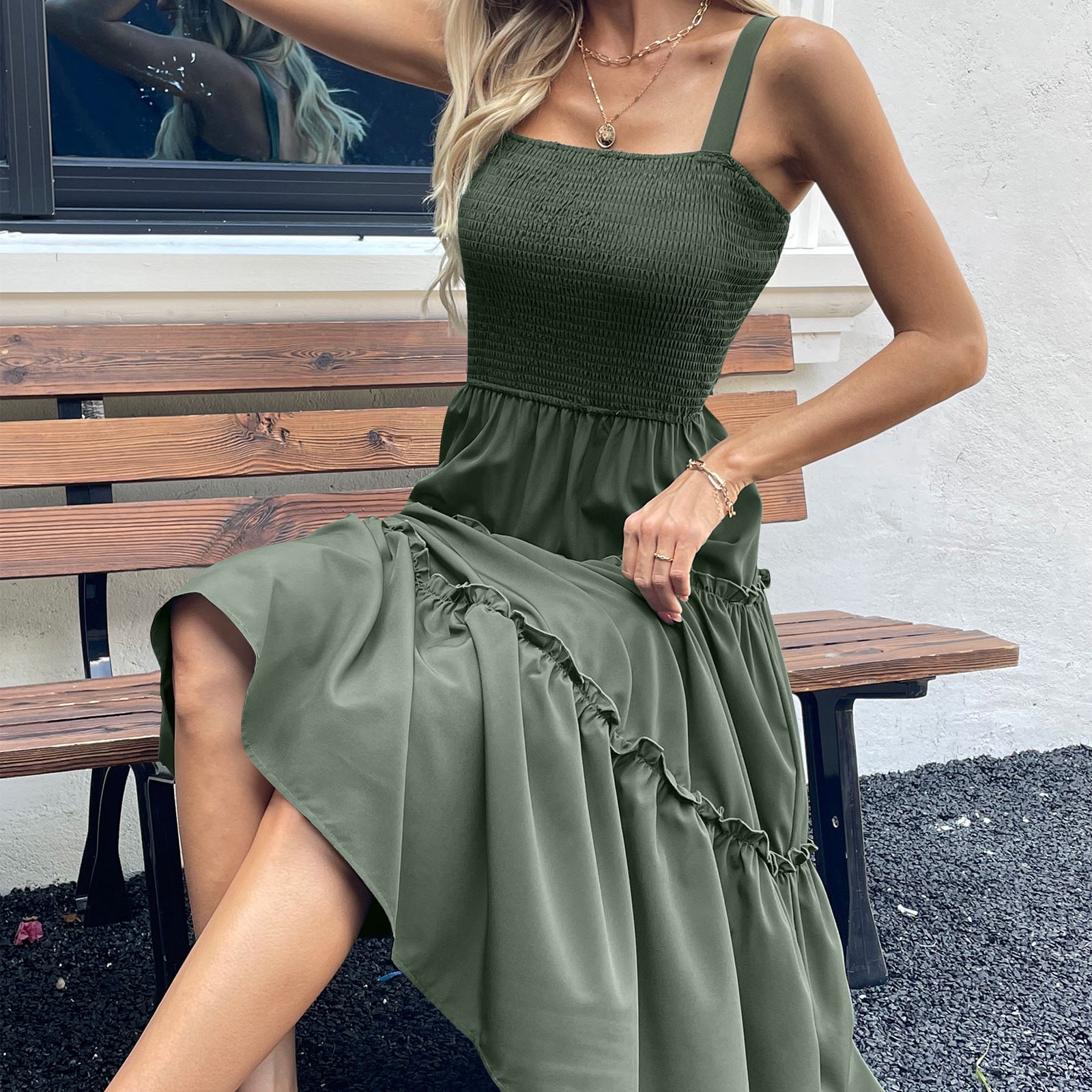 Cgmdtz Womens Tiered Midi Dress Spaghetti Strap Asymmetrical Hem Summer Casual Sleeveless A Line Sundress Other