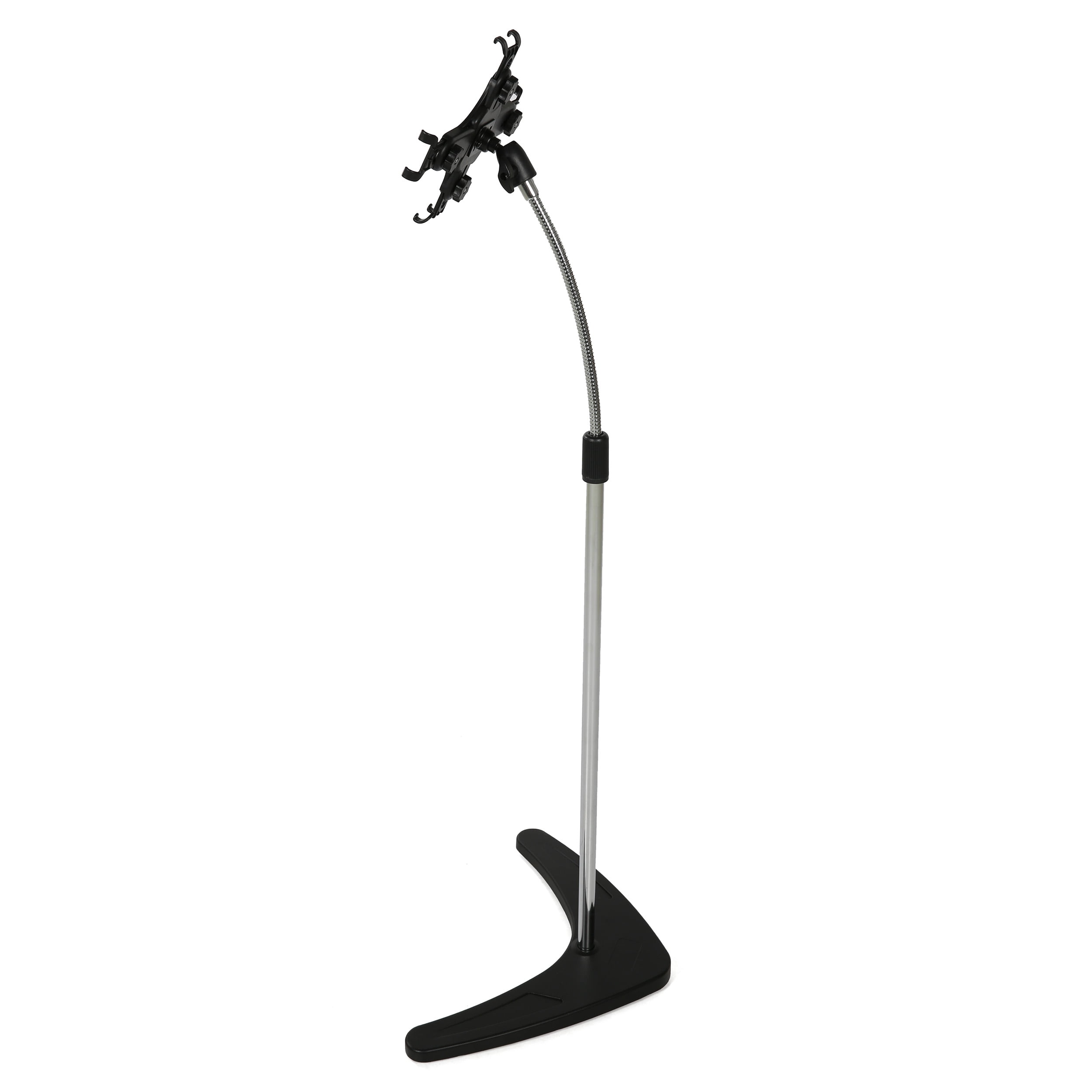 M&T Displays Floor Standing Silver Tablet E-Reader Drawing Pad Stand Flexible Head Adjustable Height Mobile Device Holder