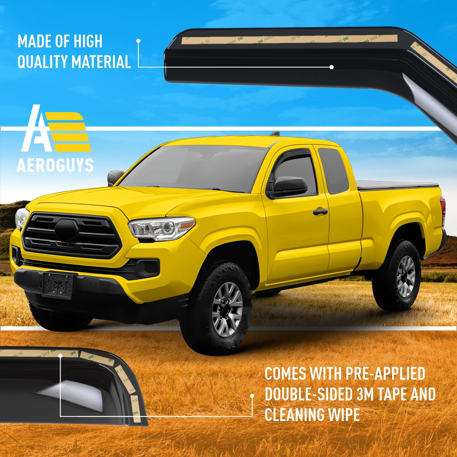 AEROGUYS In-Channel Window Deflectors Extra Durable Window Visors Rain Guards Fit for Toyota Tacoma 2016-2023 Double Cab/Access Cab, Sun Visors, Wind Vent Visors, Car Accessories - 2 pcs. AG0744