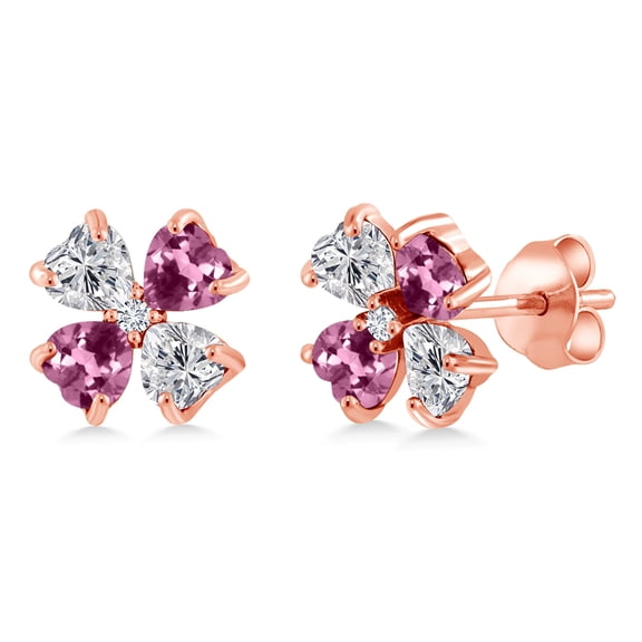 Gem Stone King 18K Rose Gold Plated Silver Lab Grown Diamond and Pink Tourmaline Stud Earrings for Women | 1.87 Cttw | Gemstone April Birthstone | Heart Shape 4MM