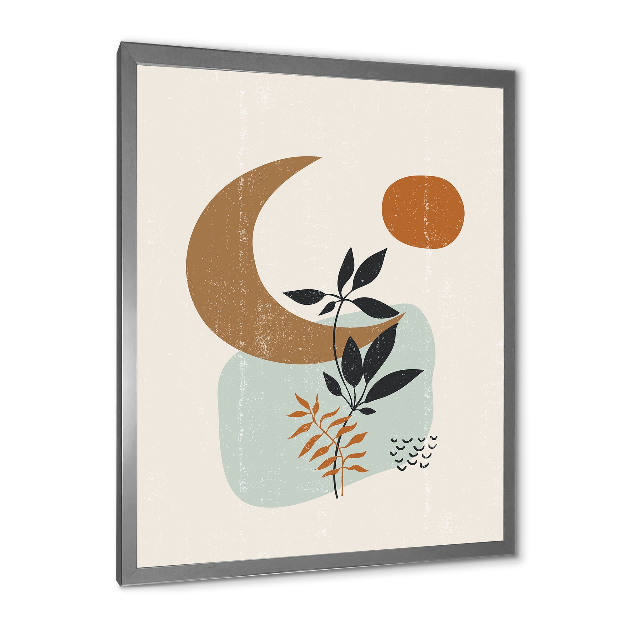 Designart 'Abstract Moon and Sun With Minimal Plants' Modern Framed Art Print