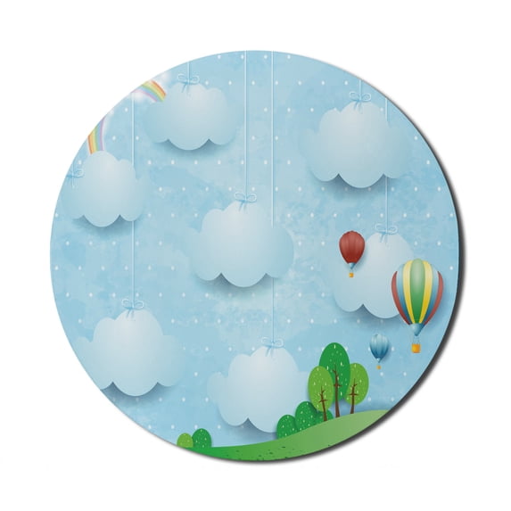 Cartoon Mouse Pad for Computers, Themed Balloons Clouds and Stars on the Hills Style Design, Round Non-Slip Thick Rubber Modern Gaming Mousepad, 8" Round, Multicolor, by Ambesonne